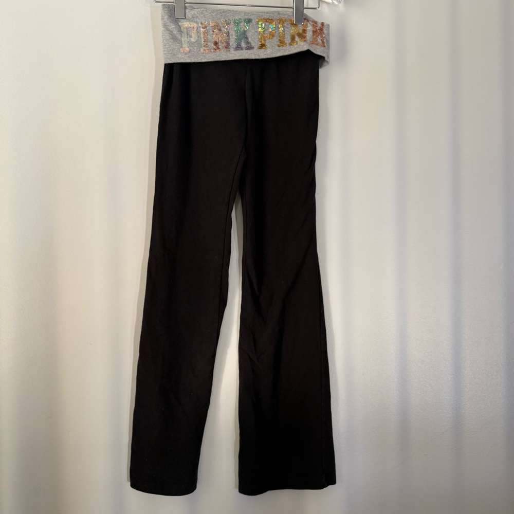 VS PINK Y2K bling foldover flare yoga leggings black grey sequin waistband Small - Picture 11 of 14